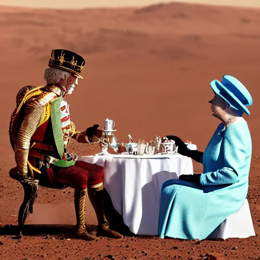 Image similar to thomas pesquet having tea with the queen of england on mars, award winning photography, trending on 5 0 0 px