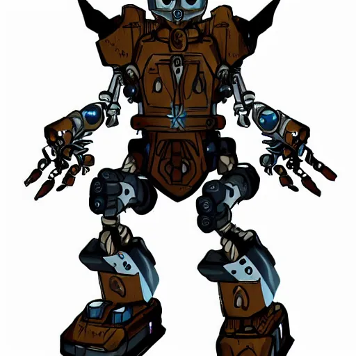 Prompt: A warforged from Dungeons & Dragons looking like the BIONICLE Keetongu with one eye and mystical tattoos on his arms, art by Christian Faber