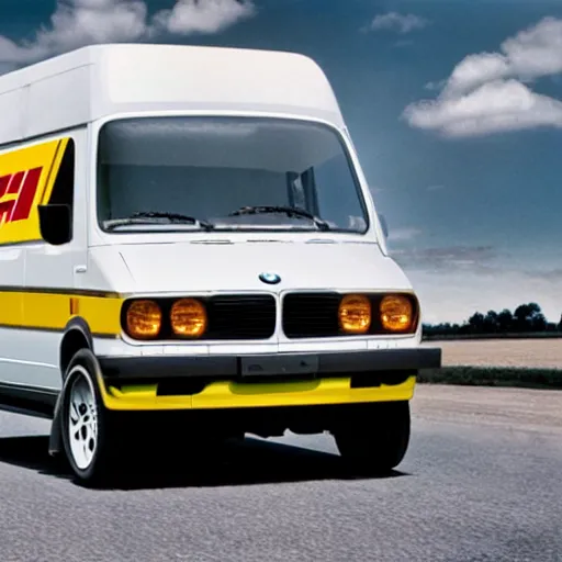 Prompt: A commercial van designed and produced by BMW, with 1988 M3 E30 design elements, DHL livery promotional photo