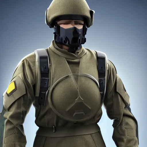 Image similar to a futuristic soldier captain with a metal visor and a blue shoulderpad