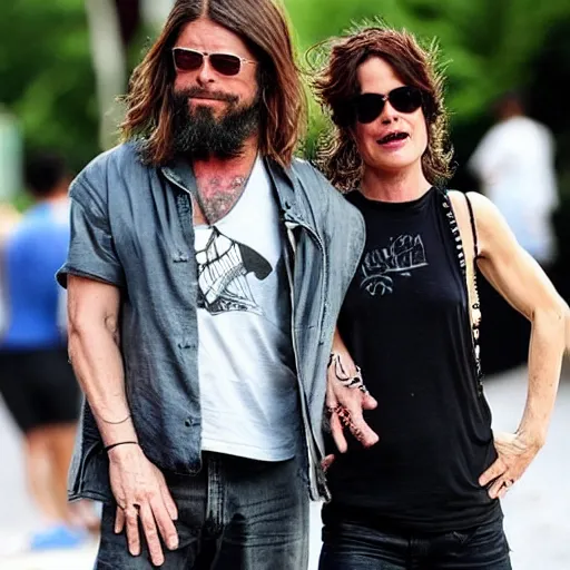 Prompt: 3 9 - year - old french bearded long - haired yoga punk singer wearing wraparound sunglasses. he also works as a commercial model and actor. looks like brad pitt. parker posey looks lovingly at him