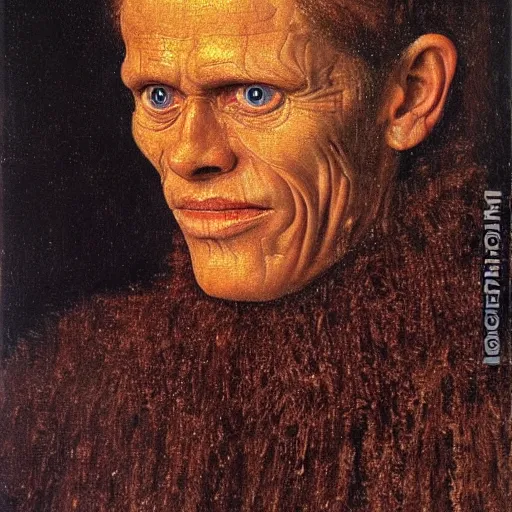 Image similar to portrait of willem dafoe, oil painting by jan van eyck, northern renaissance art, oil on canvas, wet - on - wet technique, realistic, expressive emotions, intricate textures, illusionistic detail