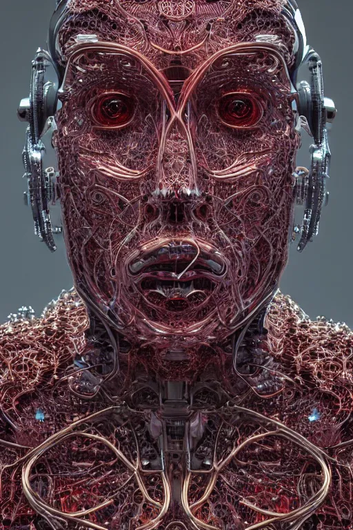 Image similar to a melancholic realistic 8k Sculpture of a complex robotic human face, liquid simulation, bright psychedelic color, dramatic lighting, silver gold red details, hexagonal mesh wire, filigree intricate details, cinematic, fleshy musculature, white blossoms, elegant, octane render, art nouveau, 8k post-processing, intricate art by John Collier and Albert Aublet and Krenz Cushart and Artem Demura and Alphonse Mucha