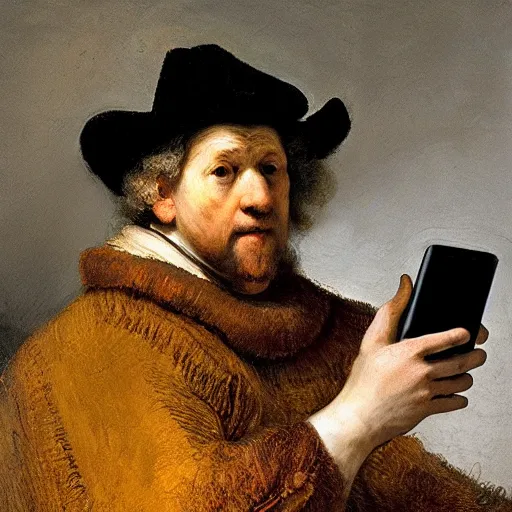 Prompt: rembrandt taking a selfie with a smartphone