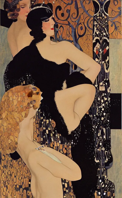 Prompt: an oil painting of jazz age high society life, 1920s style, smooth, highly detailed, high contrast, by Klimt, Coles Phillips, Dean Cornwell, JC Leyendecker, 8K