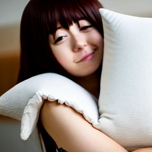 Prompt: cute anime girl hugging a pillow, official media