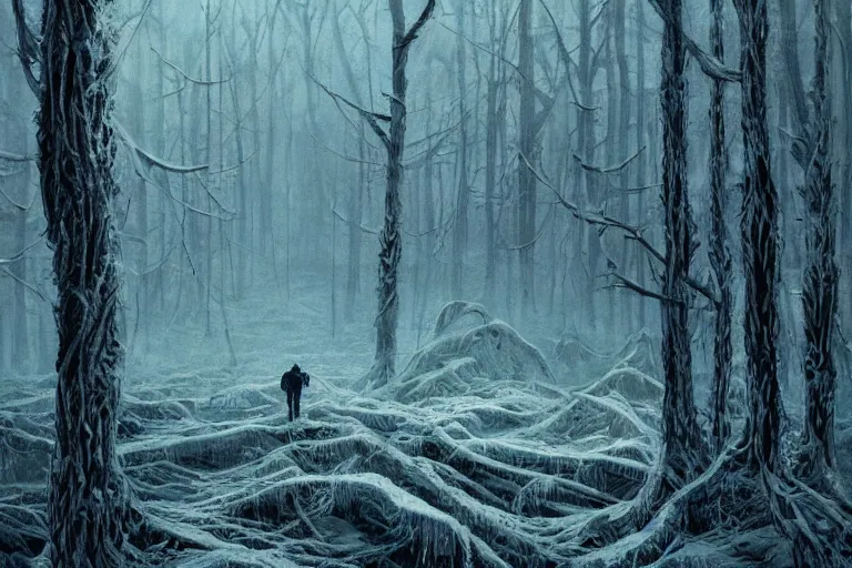 Image similar to A forest enveloped in ice, winter season, moody scene, highly detailed, intricate, sharp details, dystopian mood, by Victo ngai, David Rubín, Mike Mignola, Laurie Greasley, gaston bussiere, craig mullins, somber lighting, drawn by Giacomo Burattini, inspired by graphic novel cover art, 8k by RHADS