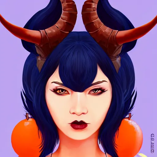 Image similar to illustrated portrait of ram-horned devil woman with blue bob hairstyle and her tangerine colored skin and with solid black eyes wearing leather by rossdraws