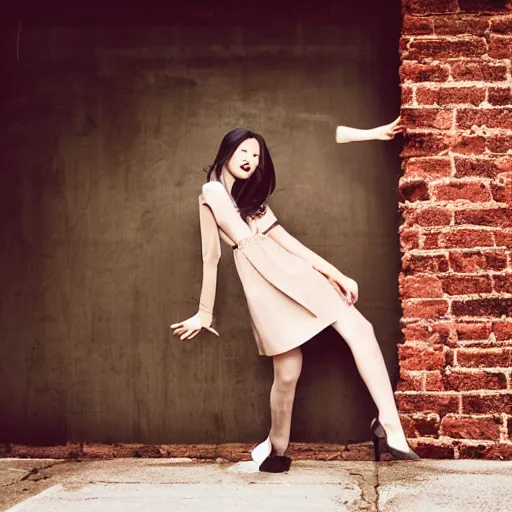 Image similar to fashion photo natasha karsavina nata lee breaking through a brick wall like the kool - aid man