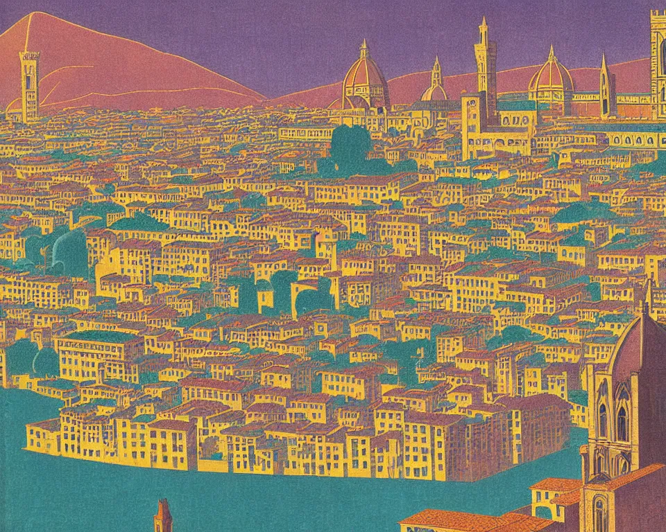 Image similar to resplendent, gilded art deco print of Florence, Italy by Hasui Kawase and Lyonel Feininger