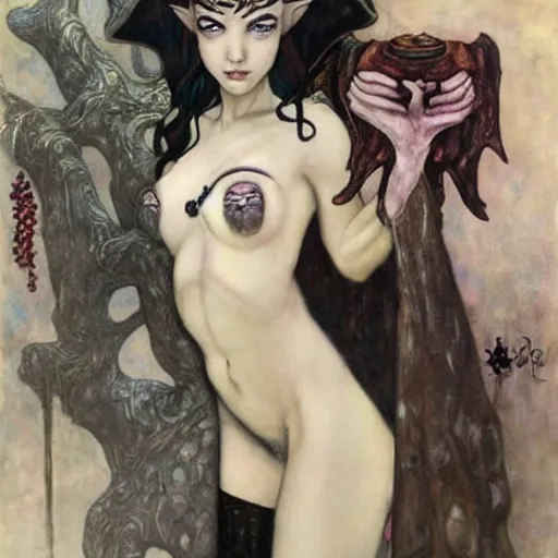 Image similar to female elf sorcerer, royo, klimt, miro, vallejo, frazetta, giger, whealan