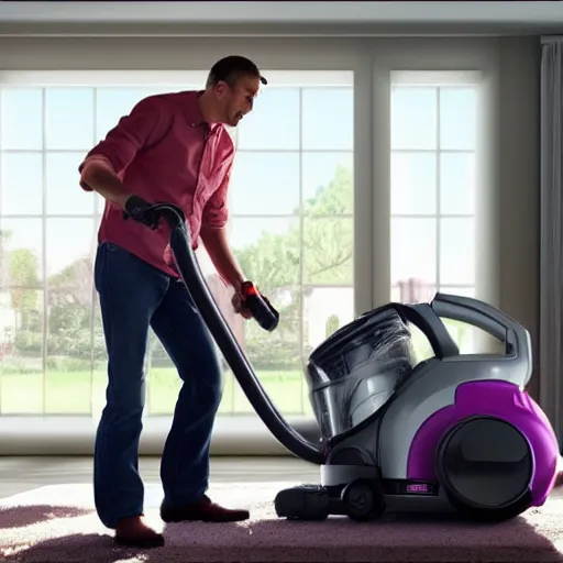 Image similar to a man rides a vacuum cleaner as if it were a horse, 8k, hyper-realistic