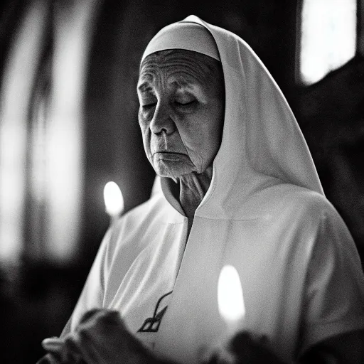 Image similar to a portrait photograph of a serious, spiritual, 6 8 - year - old nun praying in a church, lit by candles, portrait canon 8 5 mm f 1. 2 photograph head and shoulders portrait