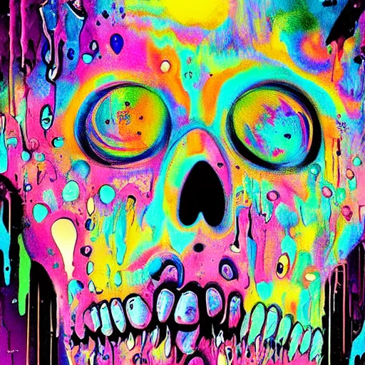 Image similar to drippy, dripping paint, skull, trippy, glitch, miyazaki style, exaggerated accents