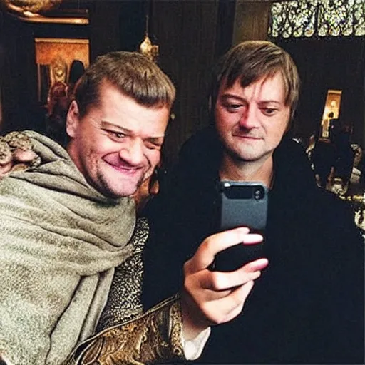 Image similar to “Joffrey Baratheon, taking a selfie with Ned Stark”