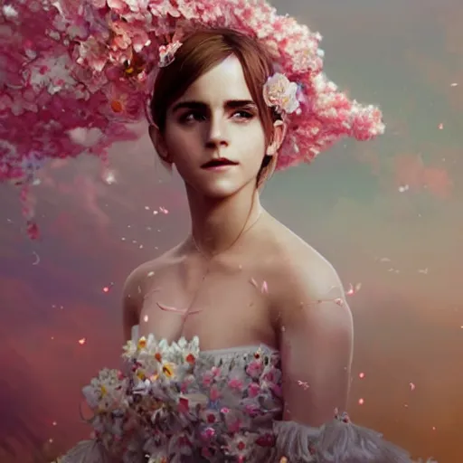 Image similar to emma watson expressive full body photo, of beautiful angel, smooth glowing skin, ornate headpiece made from pink flowers, glamour shot, by yoshitaka amano, by greg rutkowski, by jeremyg lipkinng, by artgerm, digital art, octane render