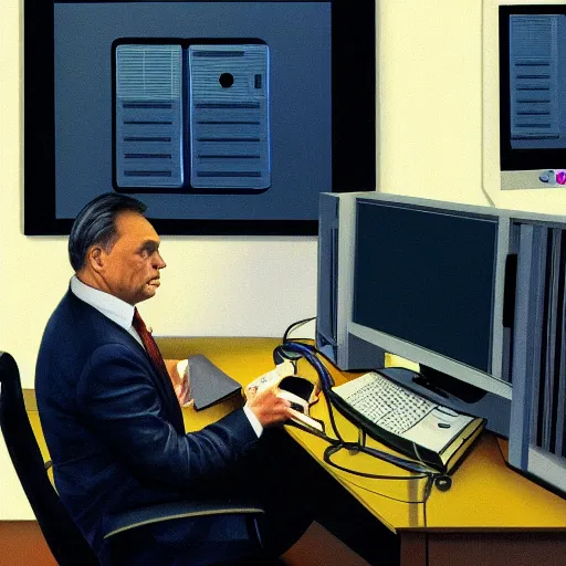 Image similar to viktor orban programming a computer in a cubicle, oil painting