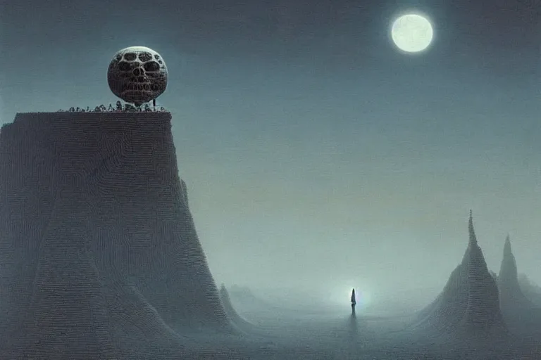 Image similar to a surreal and awe - inspiring science fiction landscape, moon in the sky looks like a skull, intricate, elegant, highly detailed matte painting by beksinski and simon stalenhag