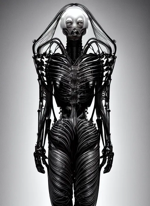 Image similar to iris van herpen gothic inflateble dark dress, perfect symmetrical body, helmet on face, full body shot, alien, plant predator, guyver, giger, wires, tubes, veins, jellyfish, white biomechanical details, wearing epic bionic cyborg implants, masterpiece, intricate, biopunk, vogue, highly detailed, artstation, concept art