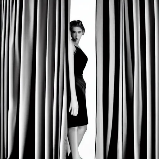 Prompt: female supermodel face behind black curtains