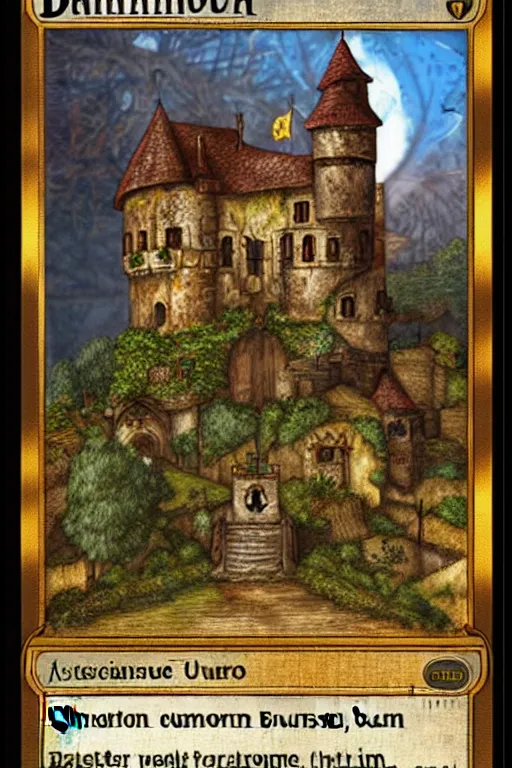 Image similar to dominion eurogame card showing a rustic castle. fantasy deviantart