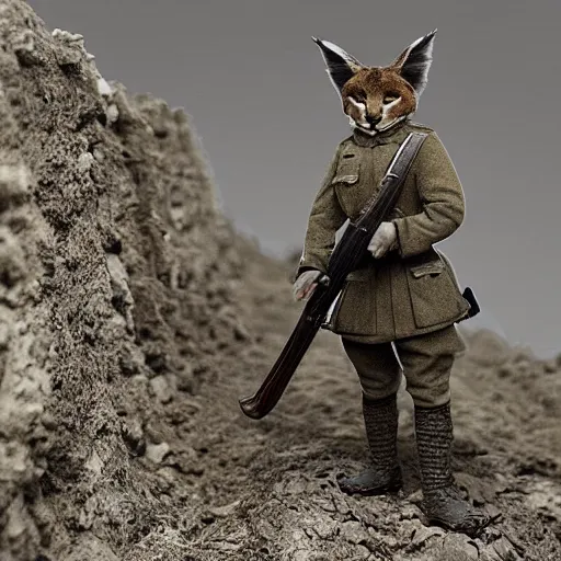 Image similar to cute fluffy caracal in trenches of ww 1, wearing ww 1 hermet, with rifle, old photo, hyperrealistic detailed 8 k