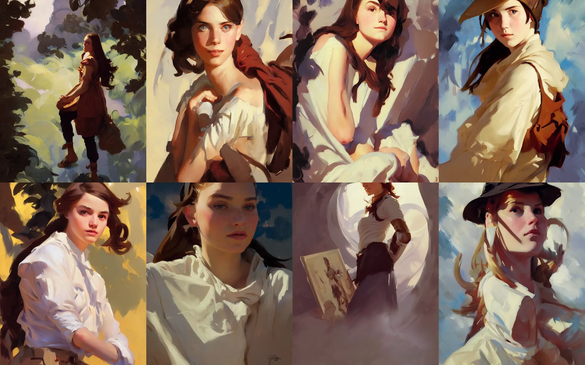 Prompt: portrait of teenage girl traveler greg manchess painting by sargent and leyendecker, fantasy, medium shot, asymmetrical, intricate, elegant, matte painting, illustration, hearthstone, by greg rutkowski, by greg tocchini, by james gilleard, by joe fenton