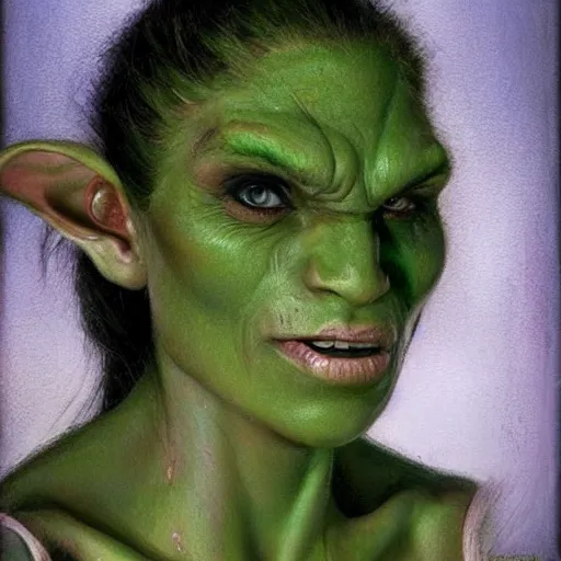 Image similar to character portrait of a green orc female, light green tone beautiful face by jeff legg