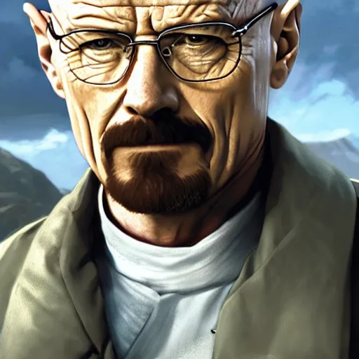 Image similar to Walter white on the cover of Far Cry game, intricate, elegant, highly detailed, digital painting, artstation, concept art, smooth, sharp focus, illustration, art by artgerm and greg rutkowski and alphonse mucha