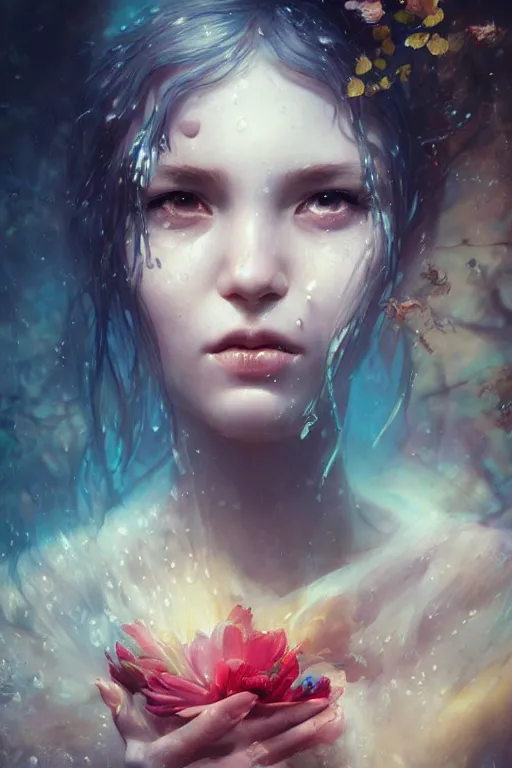 Prompt: face closeup a young beautiful girl drowned in water, underwater photography, water, 3 d render, hyper realistic detailed portrait, holding magic flowers, ruan jia, wlop. scifi, fantasy, hyper detailed, octane render, concept art, by peter mohrbacher, by wlop, by ruan jia