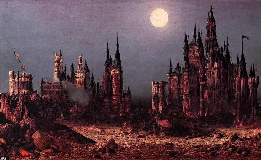 Image similar to a picture in high contrast by vasily vereshchagin of burning!!! gothic! castle in smoke on a hill, full moon in clouds, visual art, 8 k resolution, 3 d modelling, hard lighting