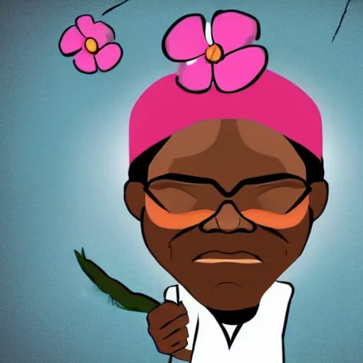 Image similar to a stylized cartoon of samuel l jackson with a pink flower in his hand