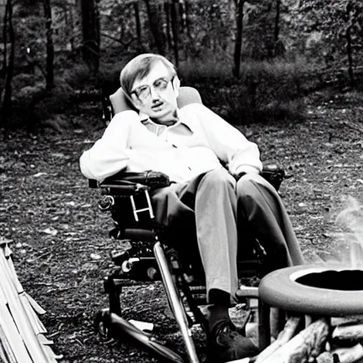 Image similar to stephen hawking next to a campfire, photography,