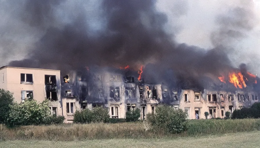 Prompt: 1 9 7 0 s movie still of a burning french style townhouse in a field, cinestill 8 0 0 t 3 5 mm, high quality, heavy grain, high detail, texture, dramatic light, ultra wide lens, panoramic anamorphic, hyperrealistic