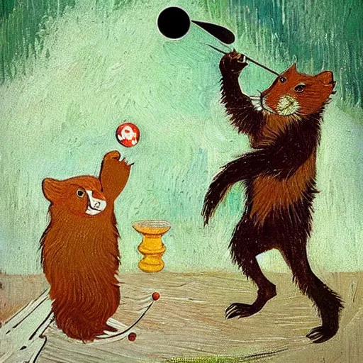 Image similar to a glorious norwegian forrest cat playing darts against a beaver wearing a top hat. in the style of van gogh