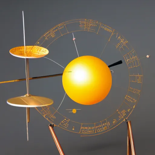 Prompt: a kinetic sculpture of this solar system, sun, mercury, venus, earth, mars, jupiter, saturn, uranus, neptune, pluto, orrery, canon 5 d 5 0 mm lens, papier - mache, studio, official intelligence