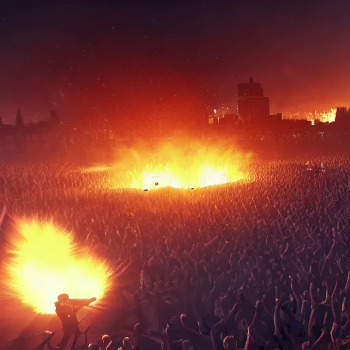 Image similar to the biggest mosh pit in the world, punks throwing Molotovs in the air, fighting, flame and fire, glowing upside cross, cinematic, epic, volumetric, godrays, dynamic lighting, dust flying up into the air, people shooting into the air with guns, octane render, photorealistic, unreal engine, artstation, artstation trending, artstation hq, artstation hd, Pinterest, 8k, ultra detailed, ultra realistic,