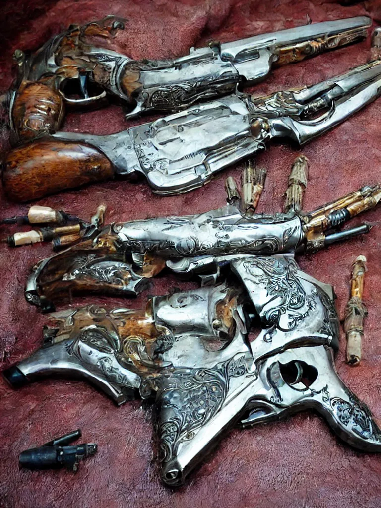 Prompt: carving of machine guns shotguns rifles revolvers bullets, dark vintage paperback cover, ultra-realistic, intricate details, biomechanical fluid,