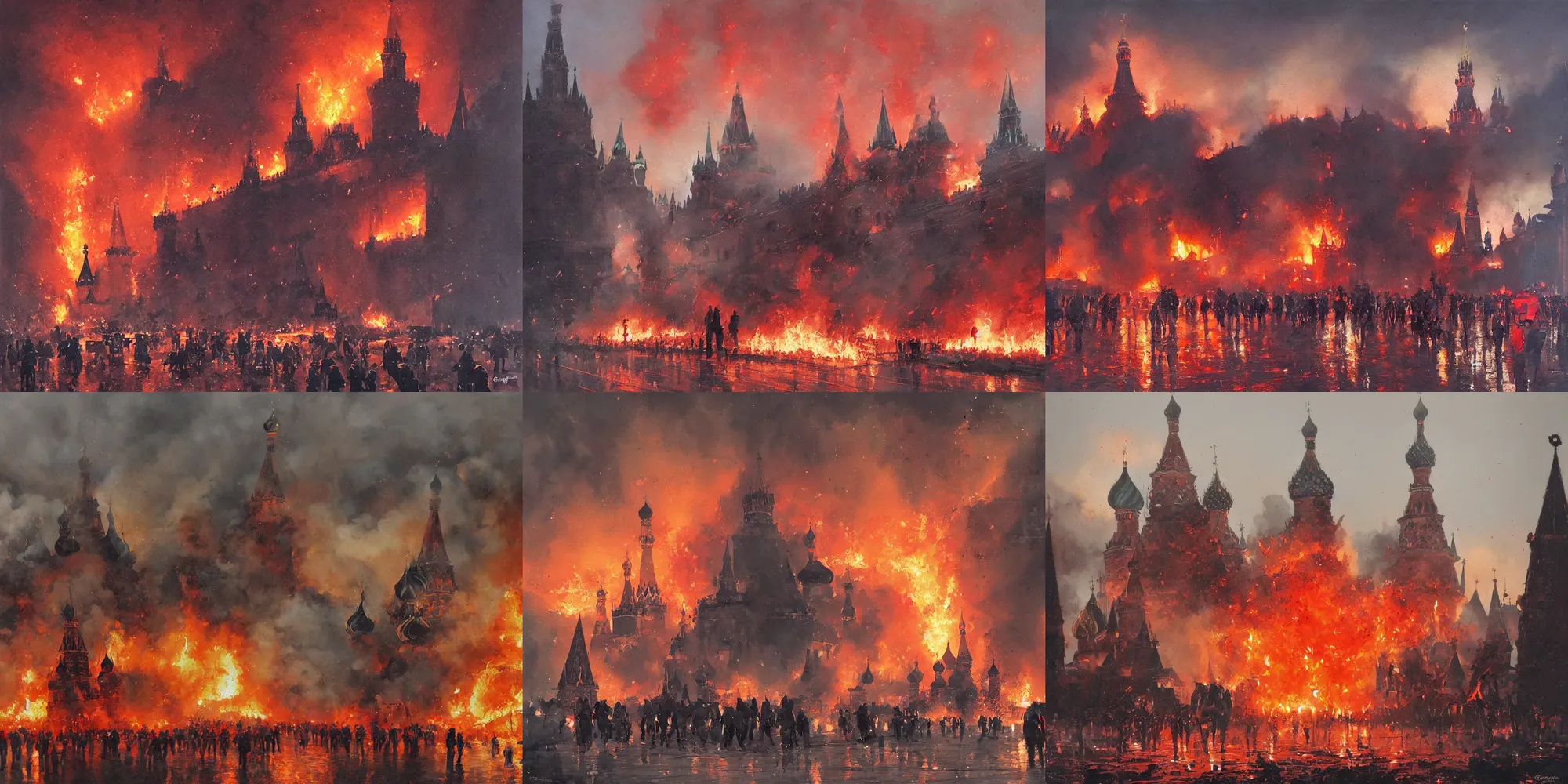 Prompt: Painting by Greg Rutkowski, Fire and explosions on Red Square and the Kremlin