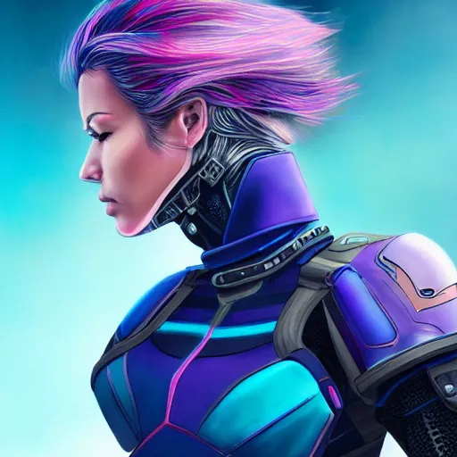 Image similar to a stunning upper body portrait of a beautiful young woman wearing futuristic navy blue and teal battle bodyarmor with pauldrons and luminescent fine lines and ombre purple and pink hairstyle with hair blowing in the wind, by marvel comics, highly detailed, fine detail, intricate, digital art, trending on artstation