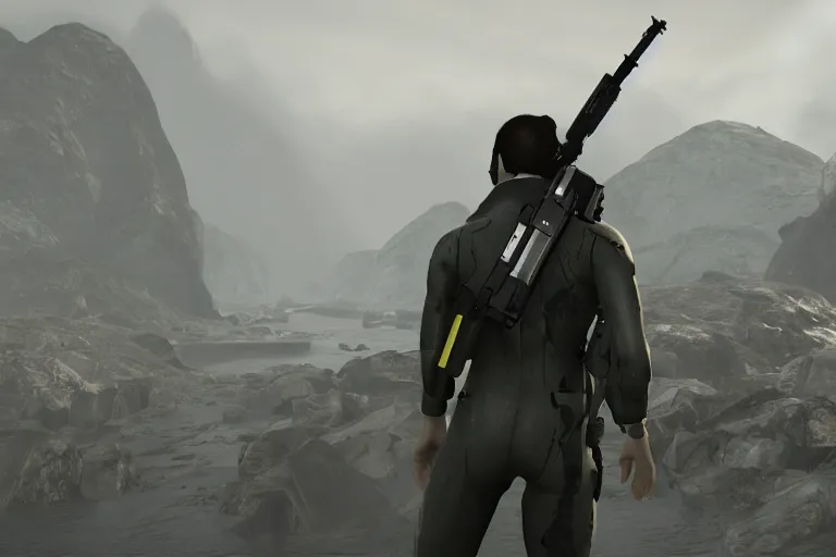 Prompt: a screenshot of goldeneye 0 0 7 ( n 6 4 1 9 9 7 ), a screenshot of death stranding ( ps 4 2 0 1 9 )