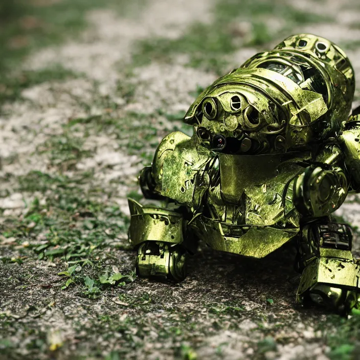 Image similar to overgrown foliage taking over a robot body on the ground, close - up, 3 5 mm, f 1. 8, bokeh, beautiful, lens flare, emotional, sweet, flowers, detailed, picture, trending on artstation, award - winning, shiny, golden