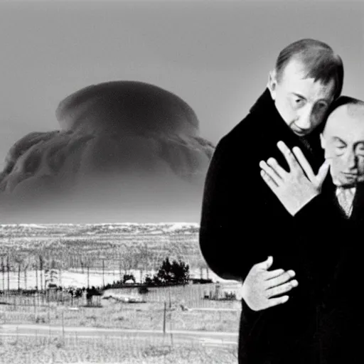 Image similar to vladimir putin kissing zelinsky with a nuclear explosion in the background