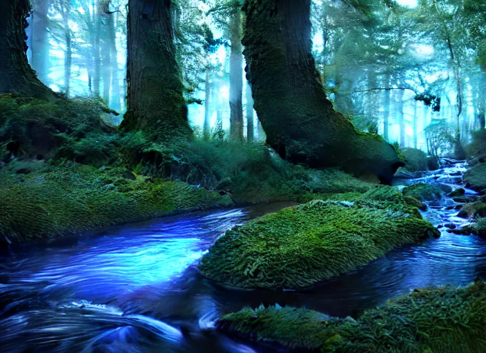 Image similar to hyperrealism, detailed textures, photorealistic 3 d render, a surreal mystical forest with a bright winding blue creek, sharp focus, ultra realistic, ultra high pixel detail, cinematic, intricate, cinematic light, concept art, illustration, art station, unreal engine 8 k