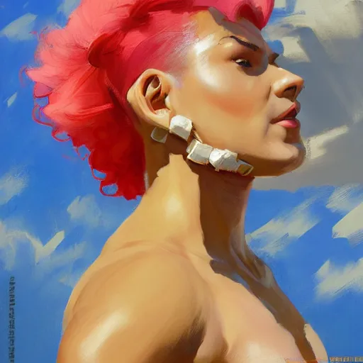 Image similar to greg manchess portrait of thick muscular weightlifter zarya from overwatch with ponytail wearing beach hat, medium shot, asymmetrical, profile picture, organic painting, sunny day, matte painting, bold shapes, hard edges, street art, trending on artstation, by huang guangjian and gil elvgren and sachin teng