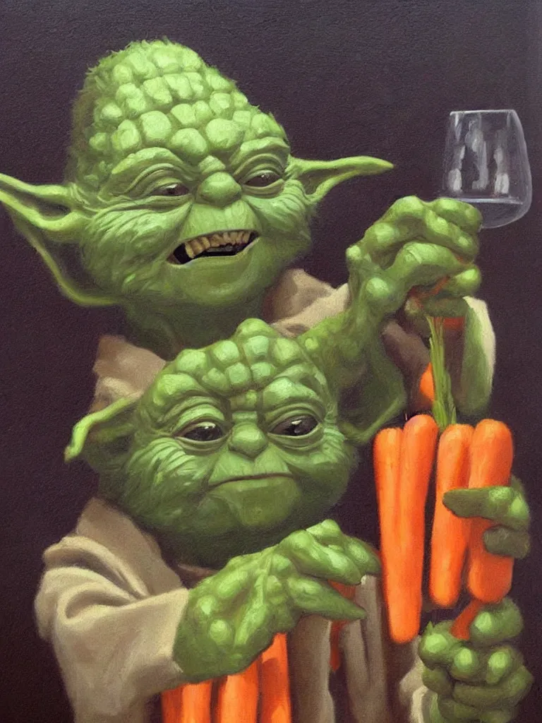 Prompt: old oil painting of a yoda eating carrot and drinking wine, trending on artstation