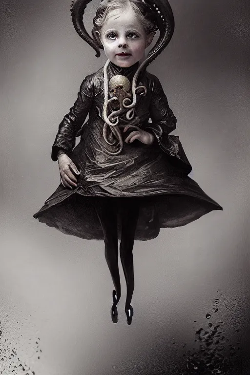 Image similar to wet plate photograph portrait of a victorian - era anthropomorphic octopus child dressed in a victorian - era clothing, dramatic lighting, highly detailed, digital painting, artstation, concept art, smooth, sharp focus, illustration, art by wlop, mars ravelo and greg rutkowski