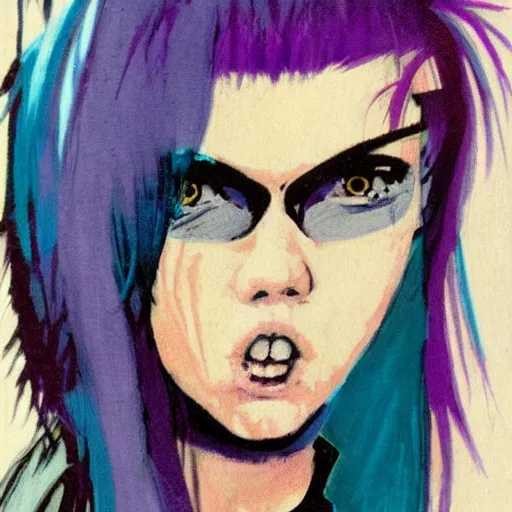 Prompt: teenage rocker from the 90's with blue hair and purple eyes by ashley wood