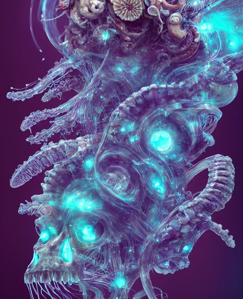 Image similar to goddess close-up portrait ram skull, thorax, x-ray, backbone, jellyfish phoenix head, nautilus, orchid, skull, betta fish, bioluminiscent creatures, intricate artwork by Tooth Wu and wlop and beeple. octane render, trending on artstation, greg rutkowski very coherent symmetrical artwork. cinematic, hyper realism, high detail, octane render, 8k