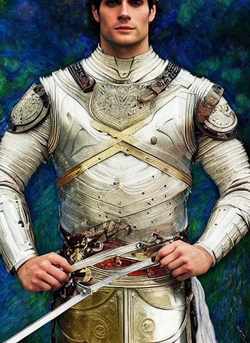 Prompt: henry cavill as a fantasy male knight figurine in a light armor, soft transitions, mixed media, in the art style of alphonse mucha and claude monet and gustav klimt